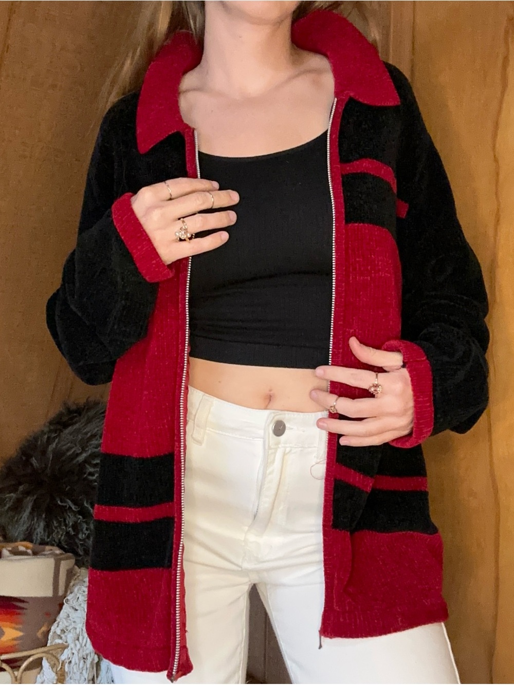 Vintage 1980s/90s Chenille Striped Zip-Up Cardigan | L